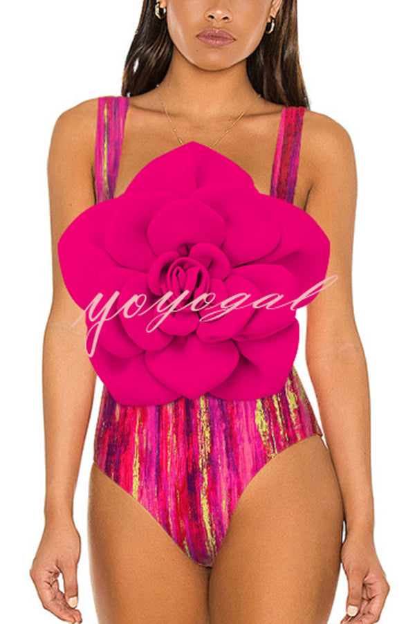 Fashionable Contrast Color Large Flower Stretch One-piece Swimsuit