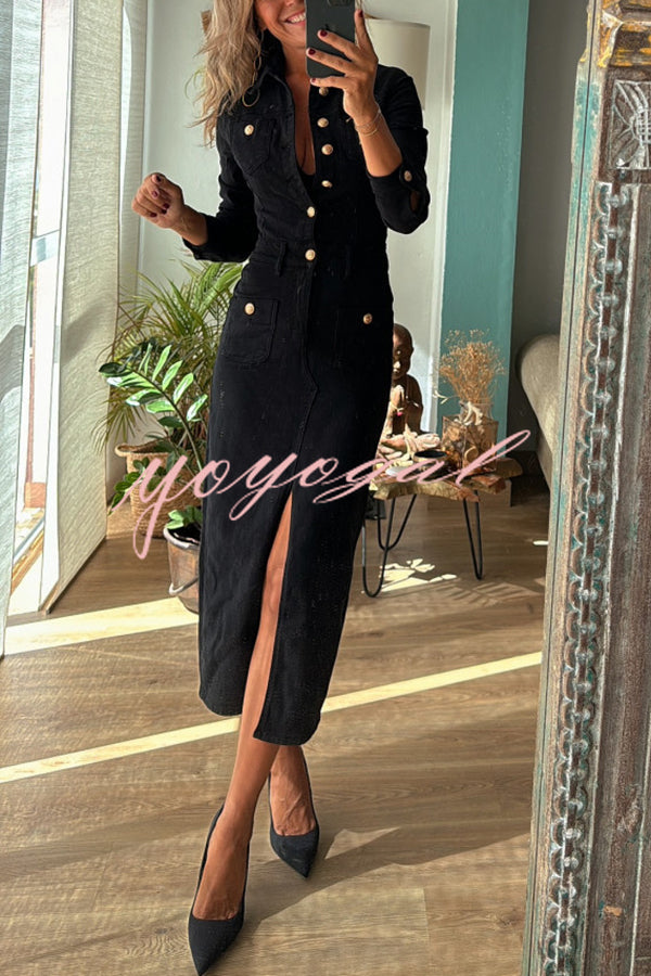 Tessy Denim Metal Button Zipper Shirt Stretch Pencil Slit Midi Dress