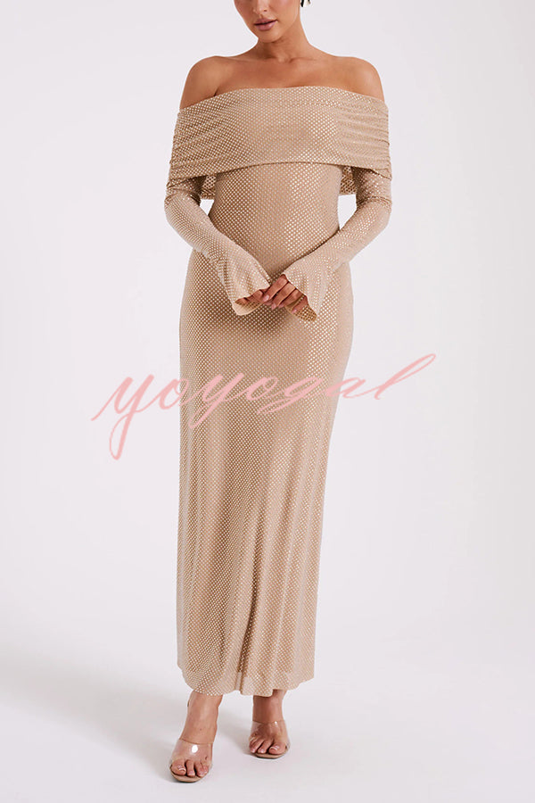 Sexy Shiny Off-The-Shoulder Long-Sleeved Fitted Maxi Dress