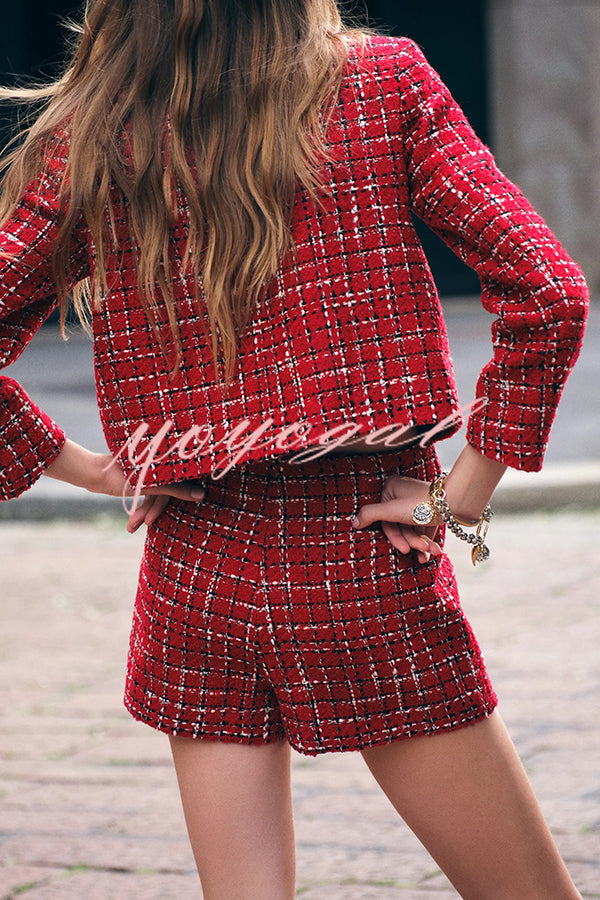 Tweed Plaid Textured Long-sleeved Casual Pocket Jacket