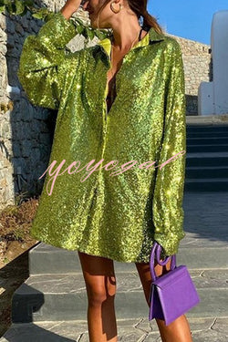 Solid Color Sequined Long-sleeved Casual Mid-length Loose Shirt