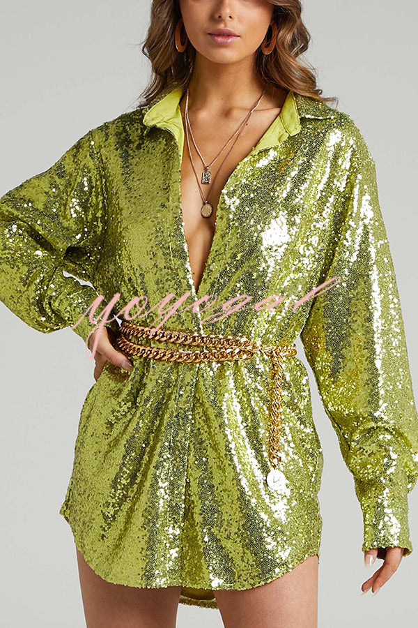 Solid Color Sequined Long-sleeved Casual Mid-length Loose Shirt