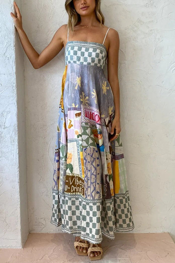 Wonderful Weekend Linen Blend Unique Print Smocked Back Pocketed Midi Dress