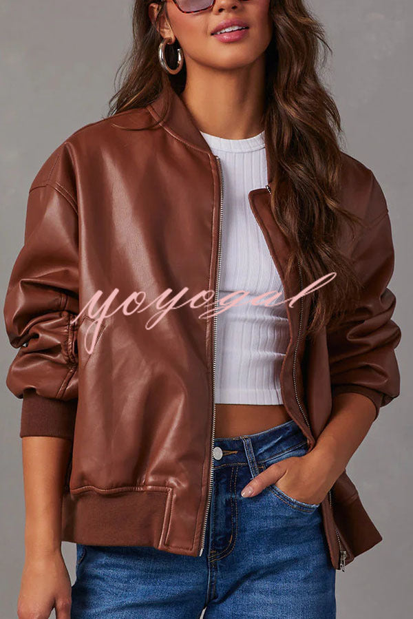 Solid Color Long Sleeve Loose Pocket Leather Jacket