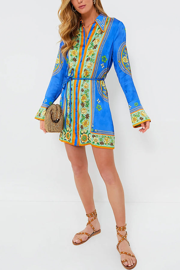 Katia Satin Unique Print Shaped Collar Tie-up Waist Shirt Mini Dress