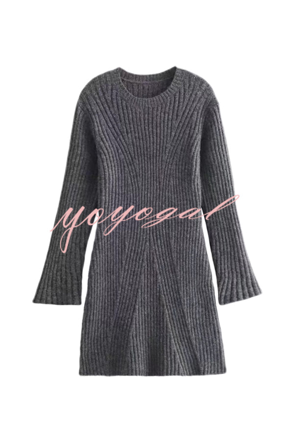 Beautiful Basic Ribbed Knit Long Slit Sleeve Flare Stretch Dress