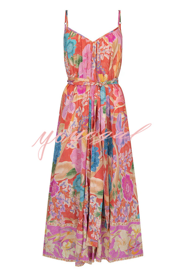 Painter's Garden Boho Floral Print Strappy A-line Maxi Dress