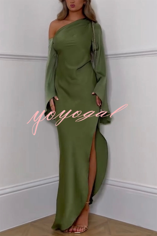 Zayla Satin Asymmetrical One Shoulder Bell Sleeve Slit Maxi Dress