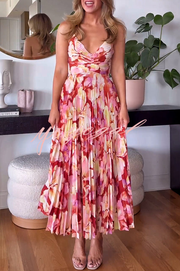 Wedding Party Season Floral Print Pleated Back Tie-up Midi Dress