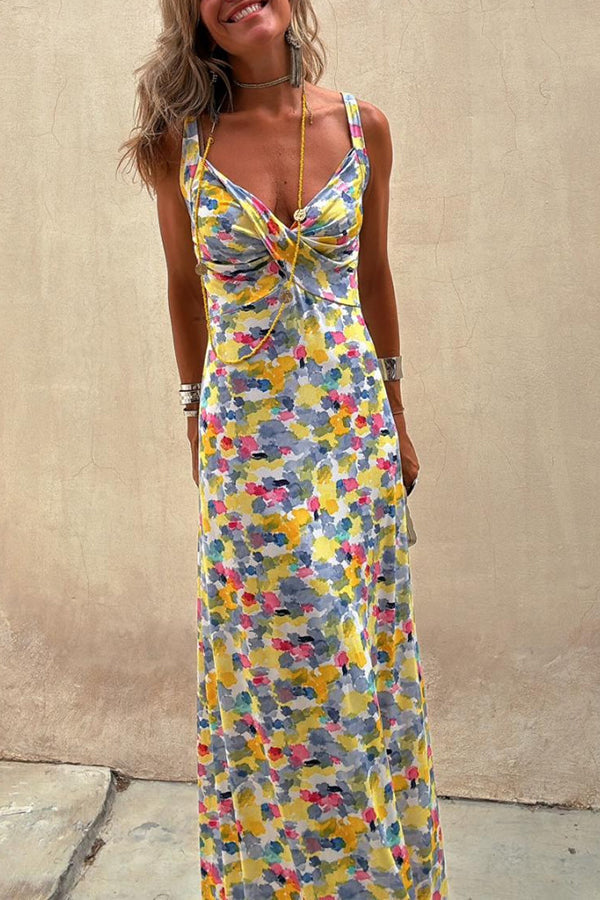 Flora Watercolor Print Crossover Neck Wide Straps Stretch Maxi Dress