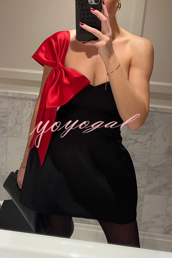 The Best Gift Satin Contrast Color Bow Detail Off Shoulder Mini Dress