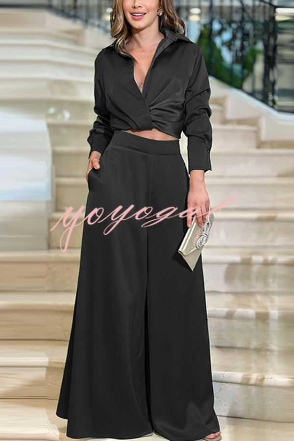 Satin Solid Color Lapel Long Sleeve Blouse and Loose-fitting Pocket Wide Leg Pants Set