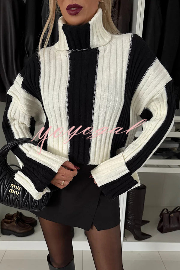 Comfort and Warmth Knit Color Block Long Sleeve Turtleneck Sweater