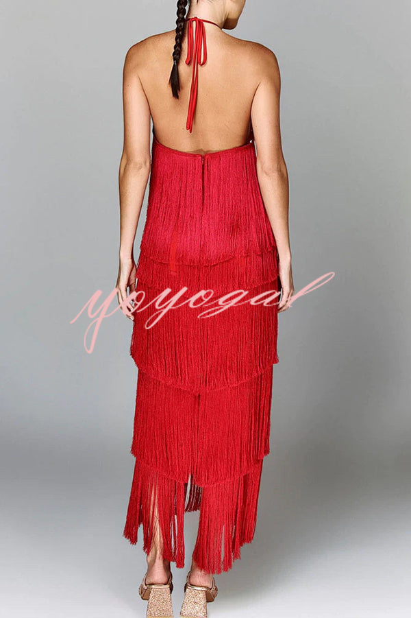 Sexy Halterneck Backless Elegant Fringe Maxi Dress