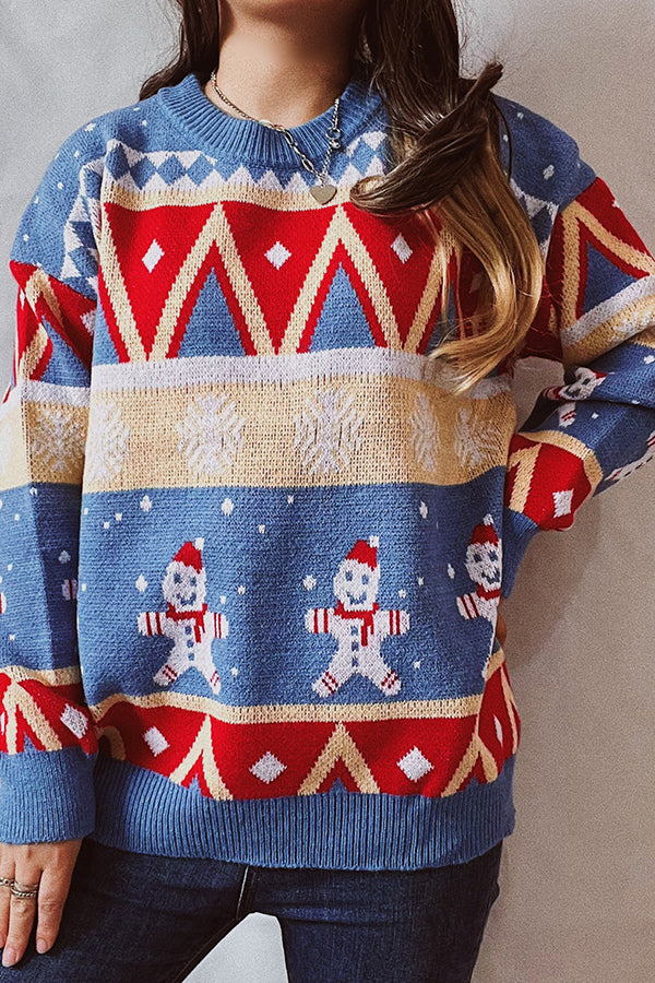 Christmas Pattern Knitted Crew Neck Long Sleeved Sweater