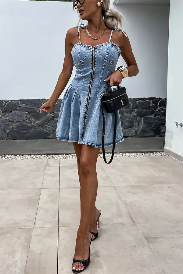 Sweet and Unique Washed Denim Center Front Zipper Stretch Mini Dress