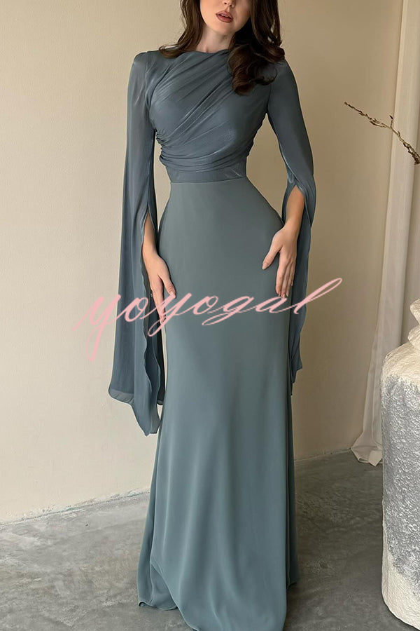 Liora Ruched Organza and Satin Patchwork Design Long Bell Slit Sleeve Maxi Dress