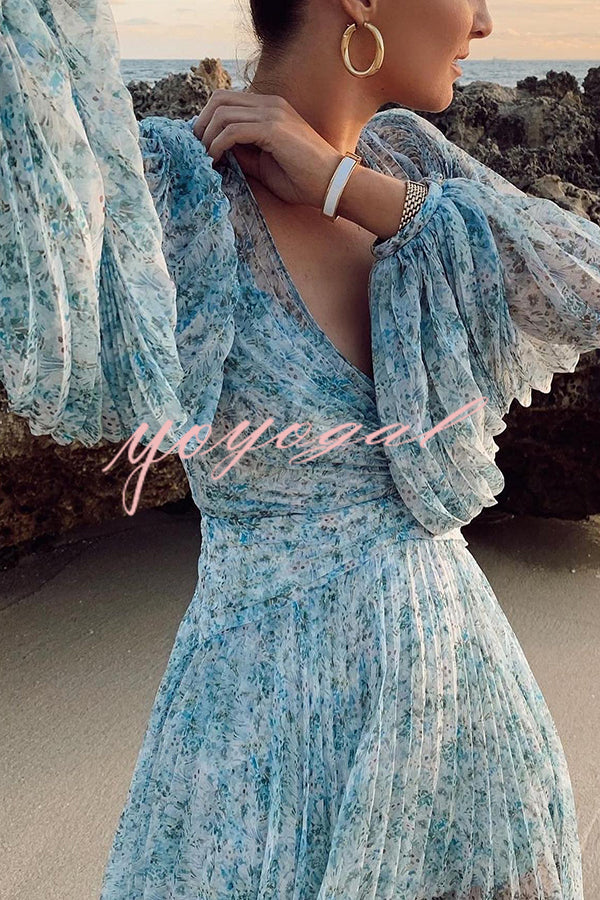 Dreamy Seaside Floral Balloon Sleeve Pleated Lightweight Maxi Dress