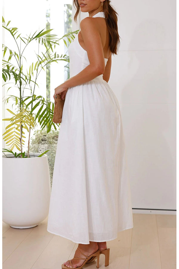 Brunch in Bali Linen Blend Halter Neck Pocketed Maxi Dress