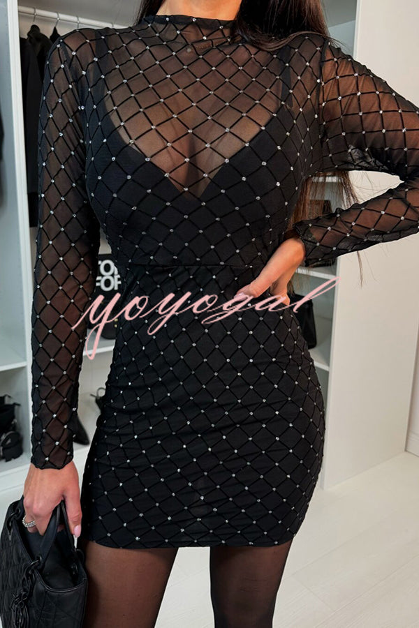 Sexy Language Mesh Glitter Fabric Long Sleeve Stretch Mini Dress