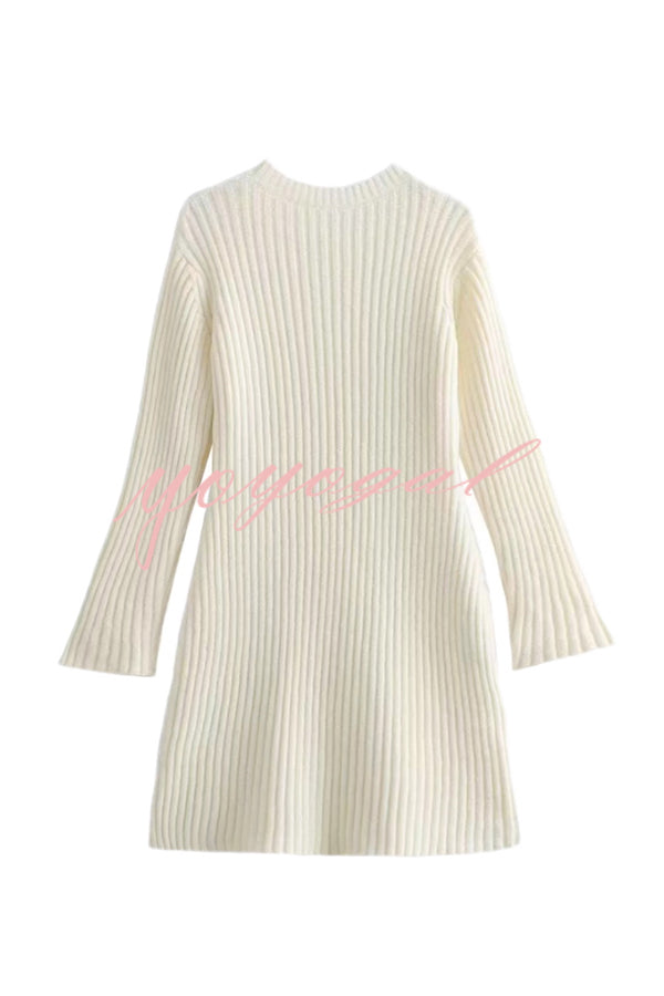 Beautiful Basic Ribbed Knit Long Slit Sleeve Flare Stretch Dress