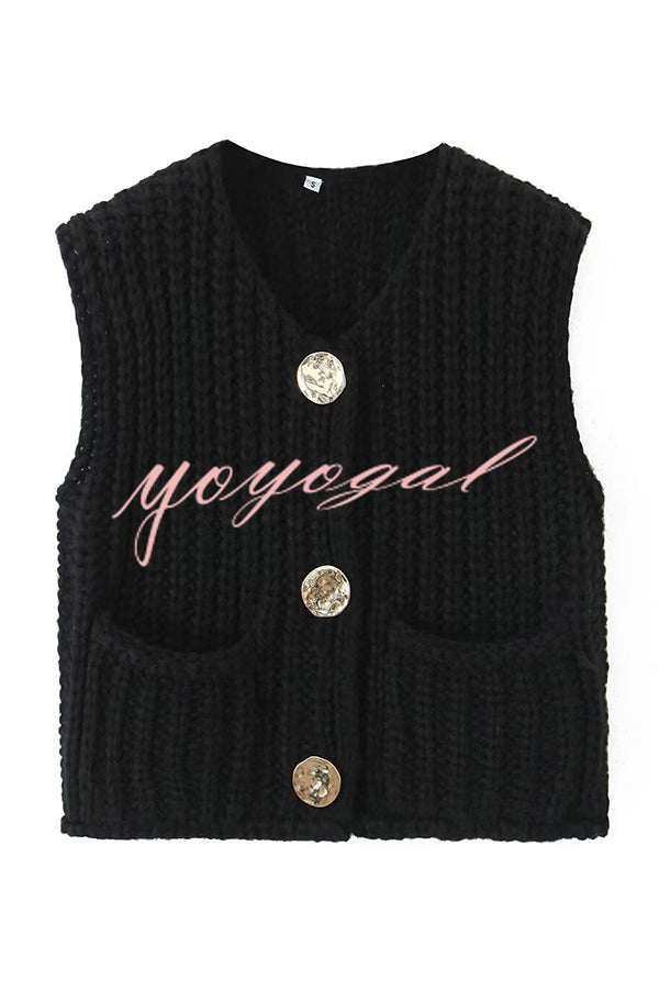 Solid Color Sleeveless Pocket Knitted Vest