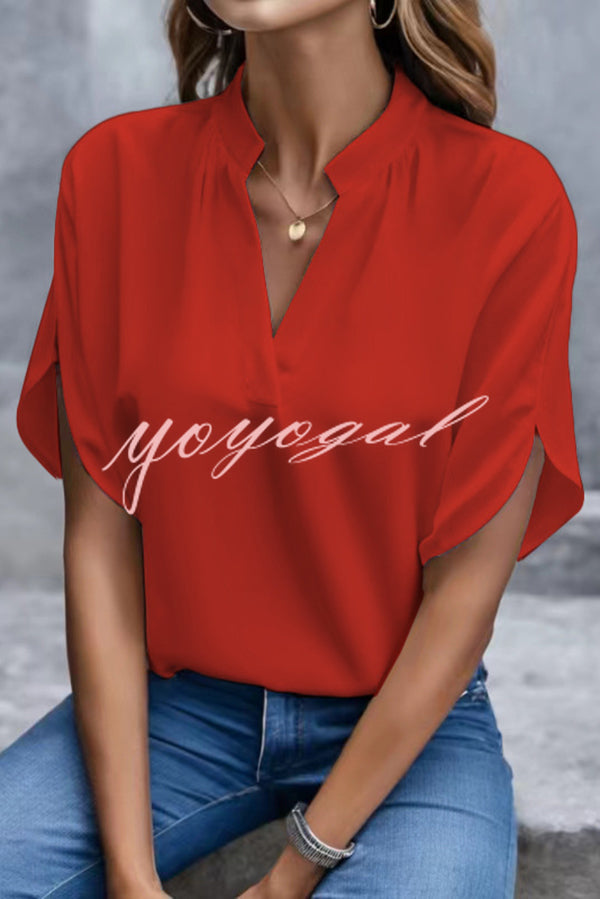 Solid Color V-neck Short-sleeved Casual Loose Shirt Top