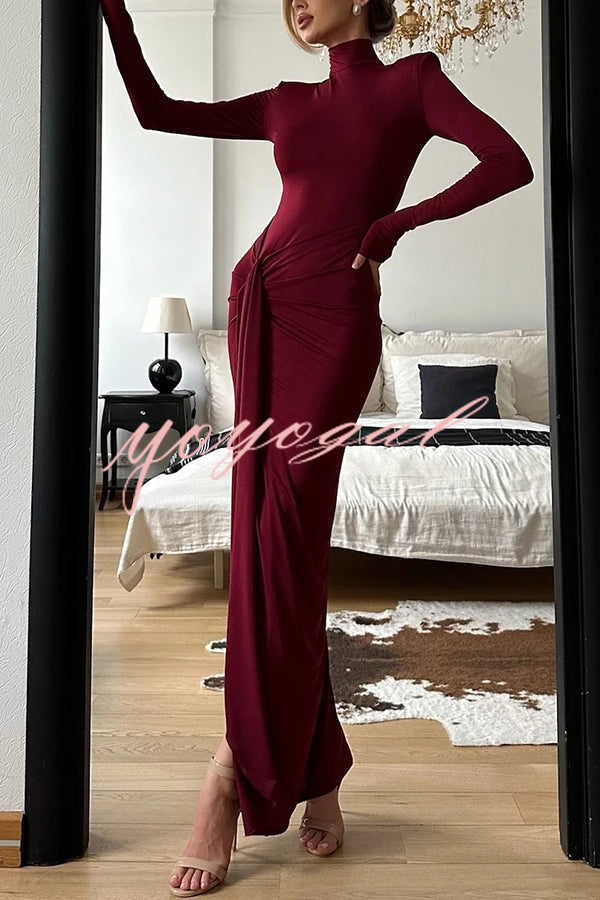 Luxe Silhouette High Neck Shoulder Pads Drape Stretch Maxi Dress