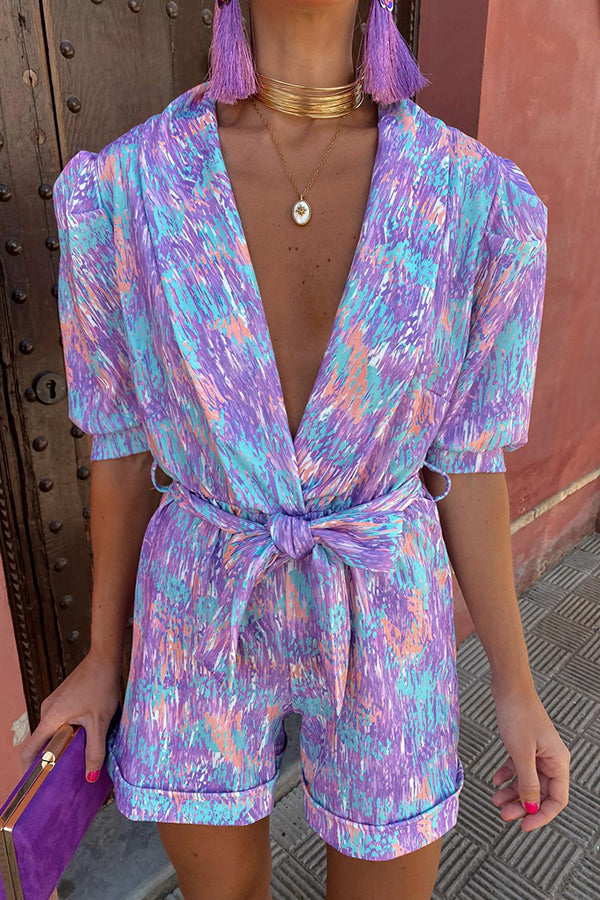 Joyful Smiles Printed Puff Sleeve Lapel Belted Romper