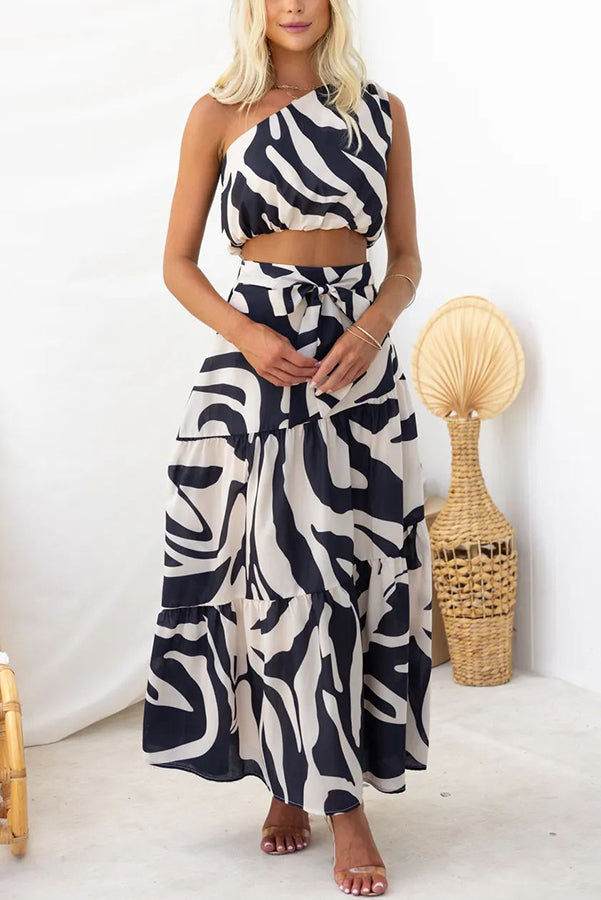 Style Wonderland Abstract Print High Waist Tie-up Maxi Skirt