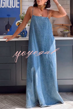 Tenaya Denim Back Elastic A-line Loose Slip Maxi Dress