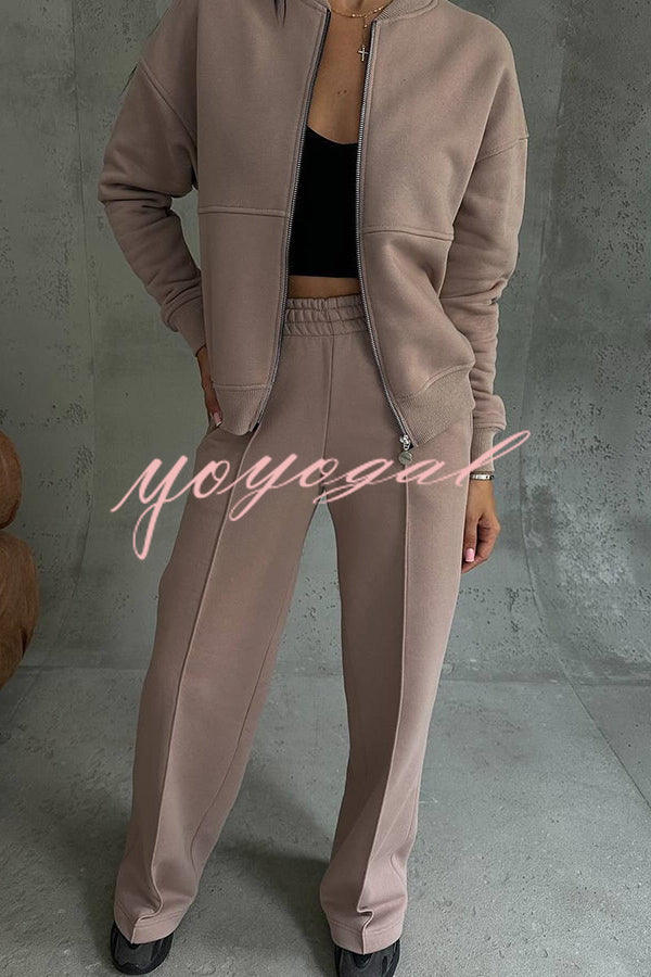 Solid Color Casual Long Sleeve Zipper Jacket and Elastic Waist Pocket Wide Leg Pants Set