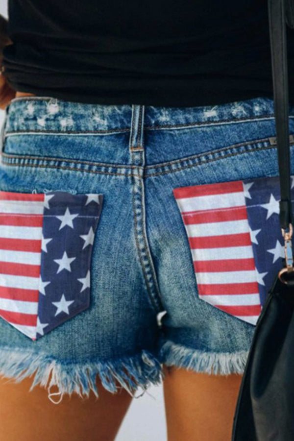 Independence Day American Flag Print Bottom Tassel Denim Pocket Shorts