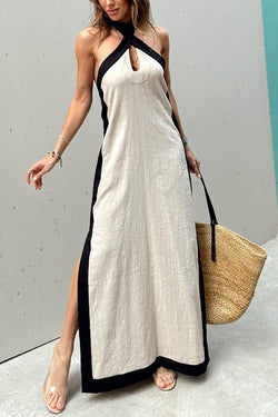 Island Bay Breeze Linen Blend Color Block Halter Neck Slit Maxi Dress