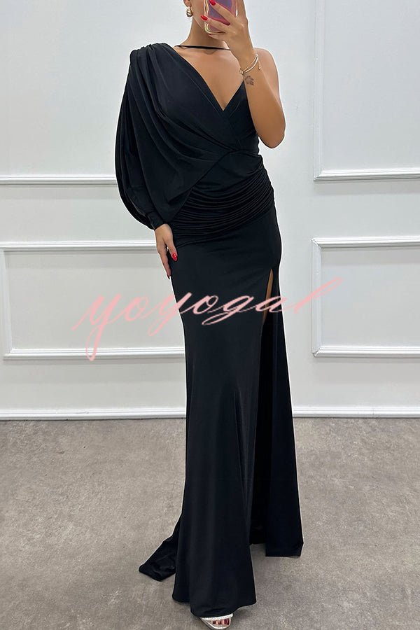 Like Venus One Shoulder Bat Sleeve Ruched Detail Slit Gown Maxi Dress