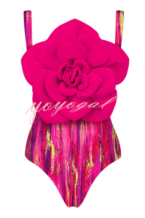 Fashionable Contrast Color Large Flower Stretch One-piece Swimsuit