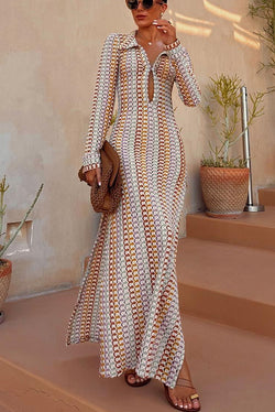 Bondi Beach Knit Colorful Wave Print Long Sleeve Vacation Maxi Dress