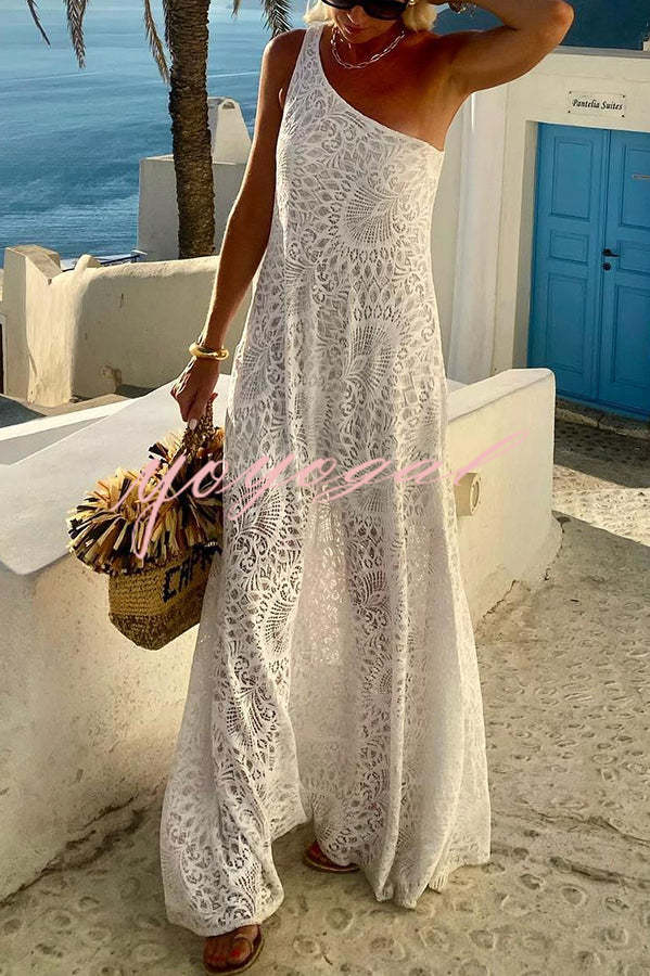 Pure Soul Unique Lace Pattern One Shoulder Slit Vacation Maxi Dress