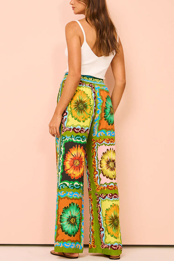 Disco Daisy Unique Print Colorblock Elastic Waist Pocketed Wide Leg Pants