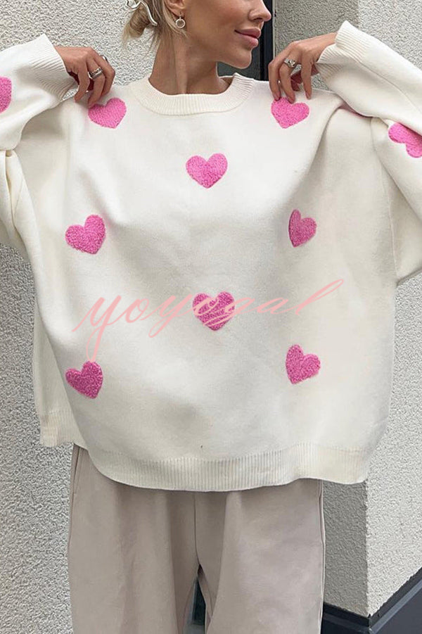 Fashionable Embroidered Love Loose Round Neck Long Sleeve Knitted Sweater