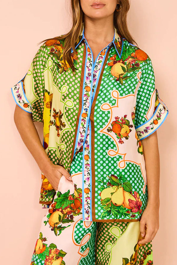 Enjoy Summer Lemon Satin Unique Print Button Down Oversized Blouse