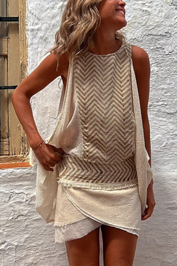 Isla Linen Blend Ethnic Print Knit Panel Loose Tank