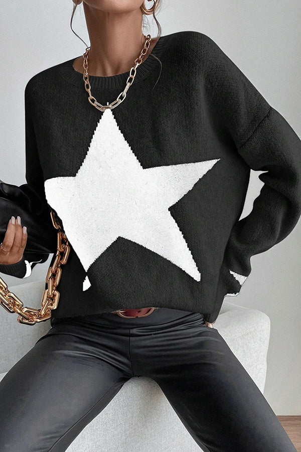 Essnce Star Pattern Crew Neck Long Sleeve Sweater