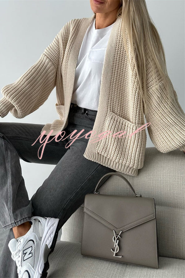 Solid Color V-neck Long-sleeved Casual Knitted Cardigan