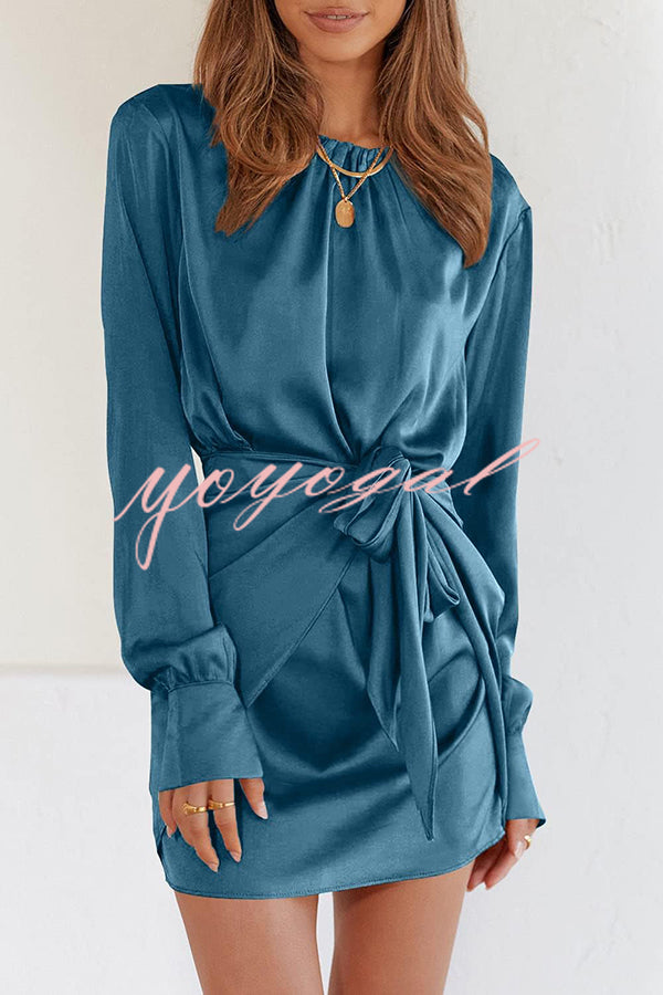 Satin Round Neck Long Sleeve Elastic Tie Mini Dress