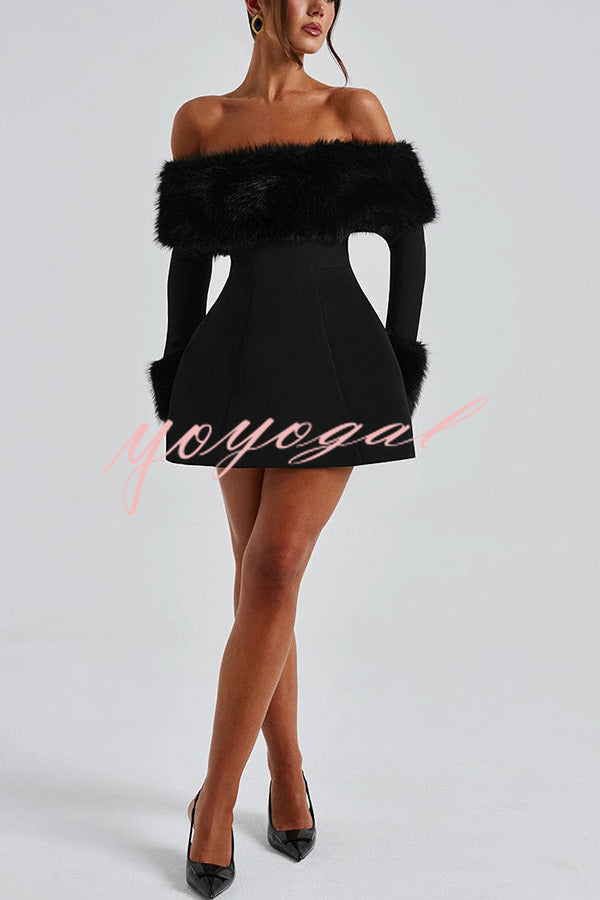 Cute and Luxe Faux Fur Trim Off Shoulder Bubble Shaped Mini Dress