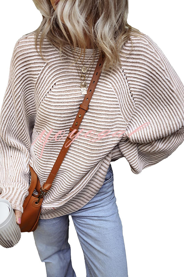 Knitted Striped Round Neck Dolman Sleeve Casual Loose Sweater