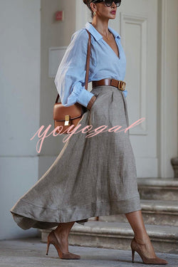 Caught A Vibe Linen Blend Back Elastic Waist Pocketed High Low Maxi Skirt