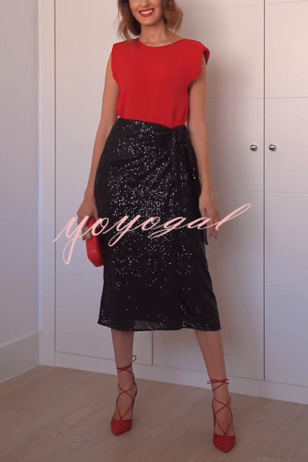 Crushing on You Sequin High Rise Wrap Tie-up Slit Midi Skirt