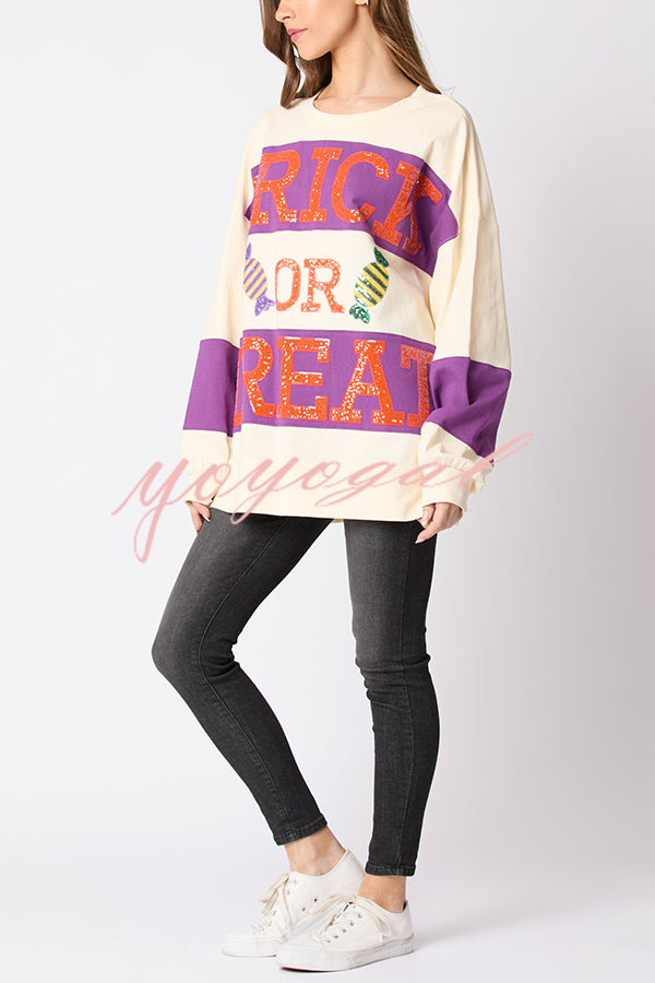 Halloween Letter Sequined Color Block Loose Casual Sweatshirt